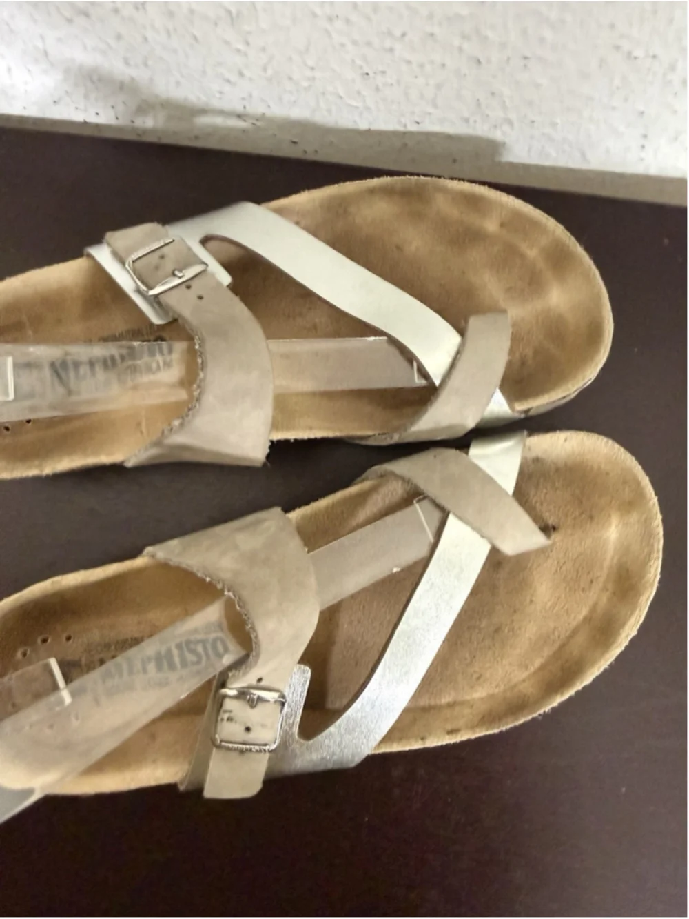 Mephisto Nalia Sandal Womens 38EU/8US Slip On Slide Silver & Tan Leather Boho